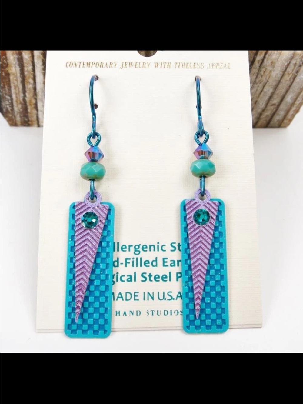 Adajio Earrings - Etched Brass Teal and Lilac Layered Shapes Czech Beads